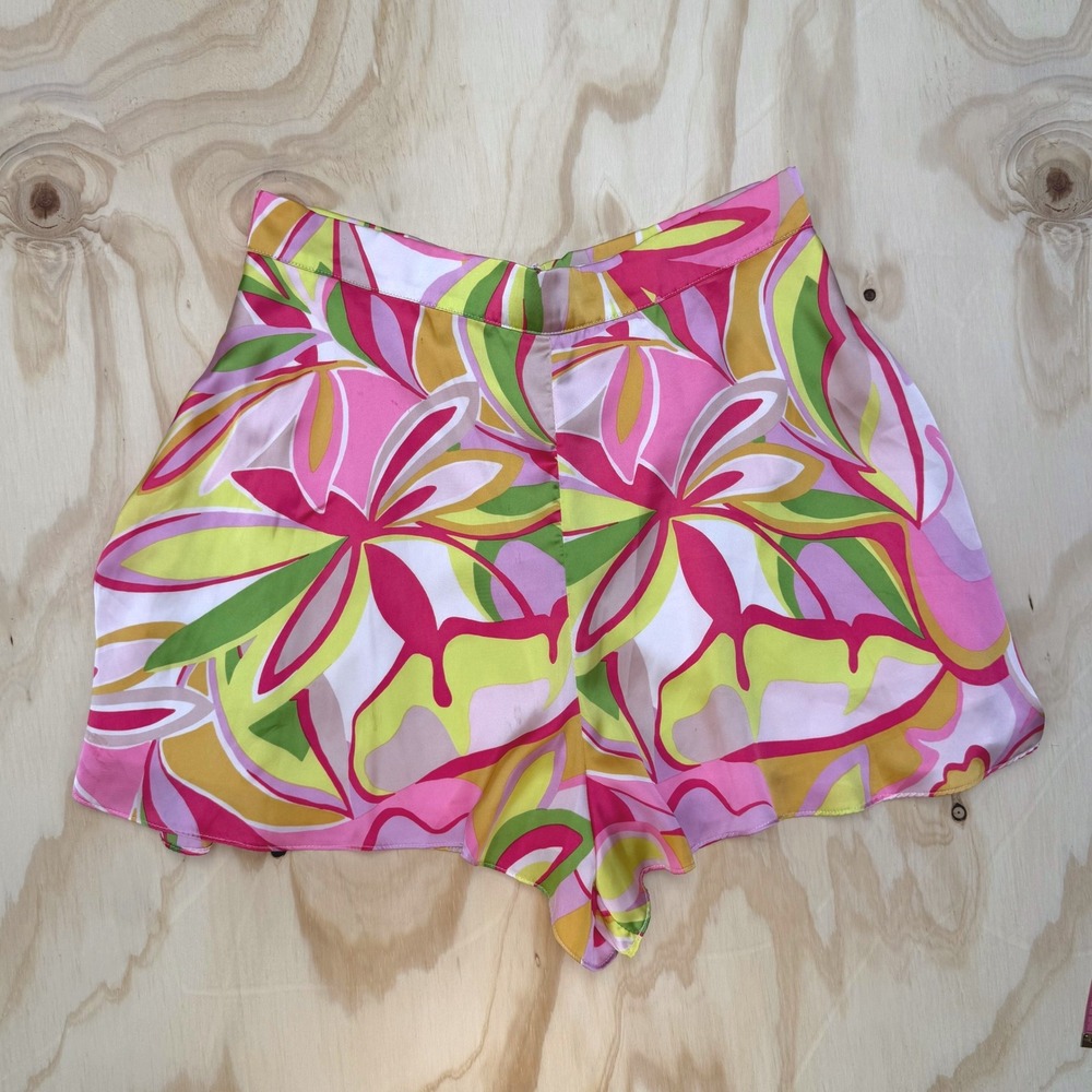 DO+BE Pink Green Psychedelic Floral High Waisted Satin Shorts Y22958OJB Large